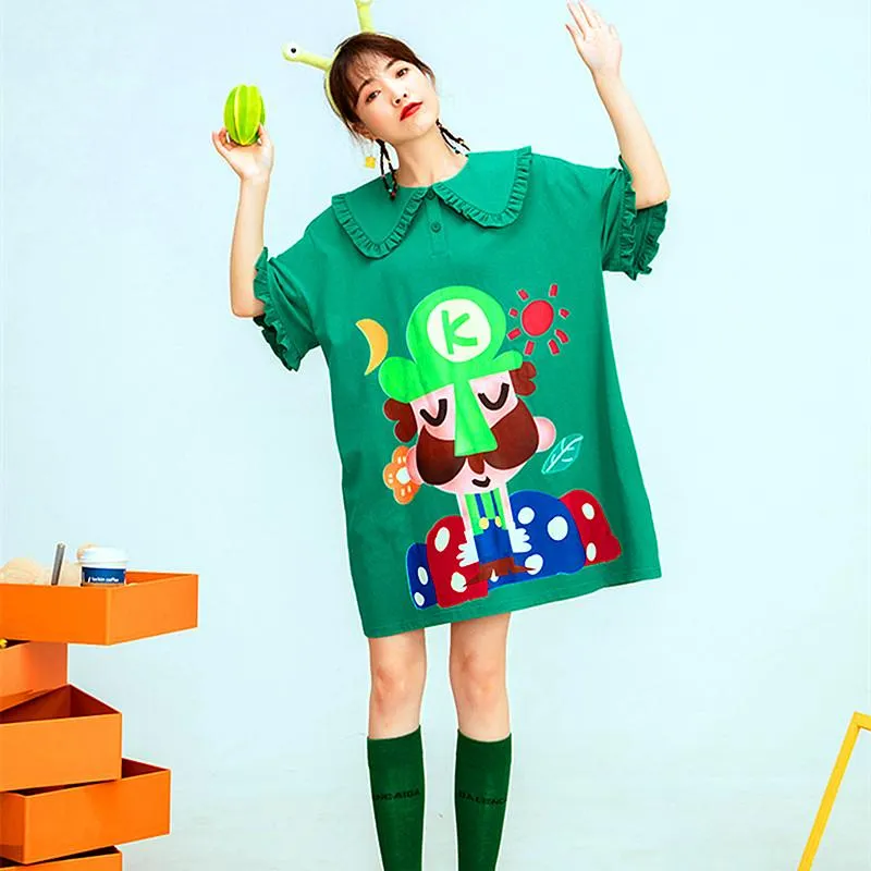 T-shirt feminina fofa inseada de verão design coreano camisetas femininas verde solto harajuku tshirt desenho animado impressão de ruffles tops ns367women