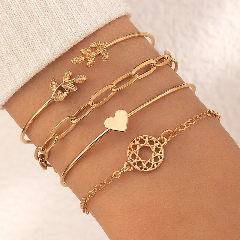 Maglia, catena 4 pezzi/set Set di bracciali con polsino con nodo a foglia di apertura per bracciale in lega d'oro da donna Accessori per gioielli Boho