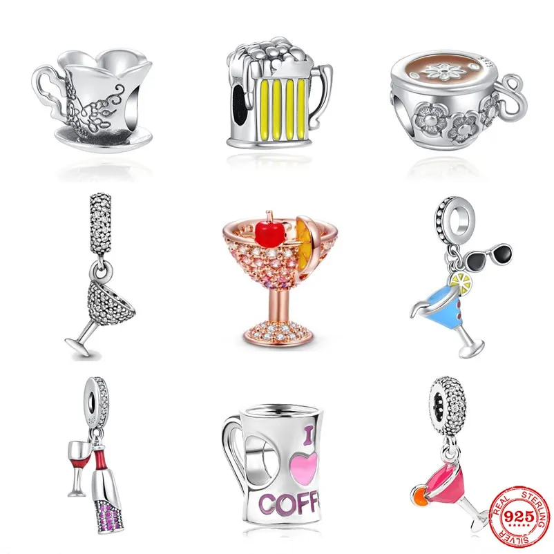 925 Sterling Silver Dangle Charm Café Bière Vin Rouge Cocktail Perles De Verre Perle Fit Pandora Charms Bracelet DIY Bijoux Accessoires