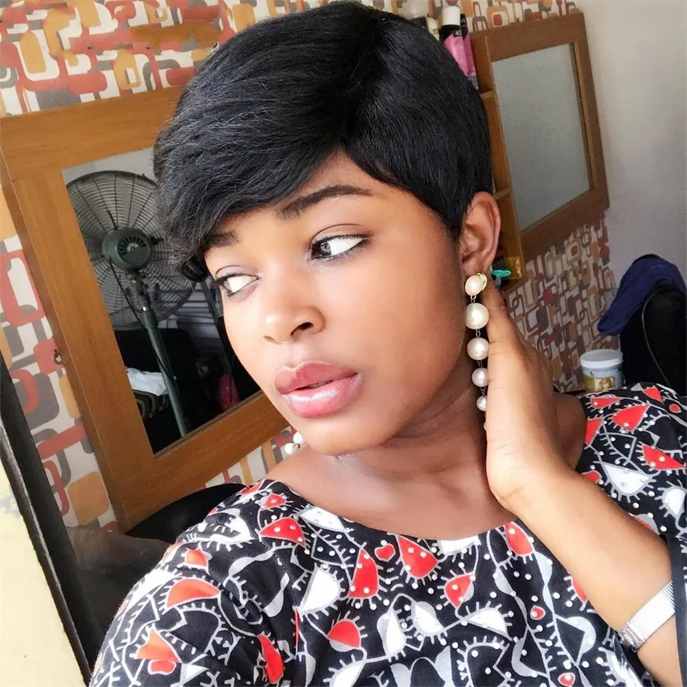Short Pixie cut Human Hair Straight Remy Brazilian Hair for Black Women Machine Made Wig With Bangs Glueless Non Lace Wigs