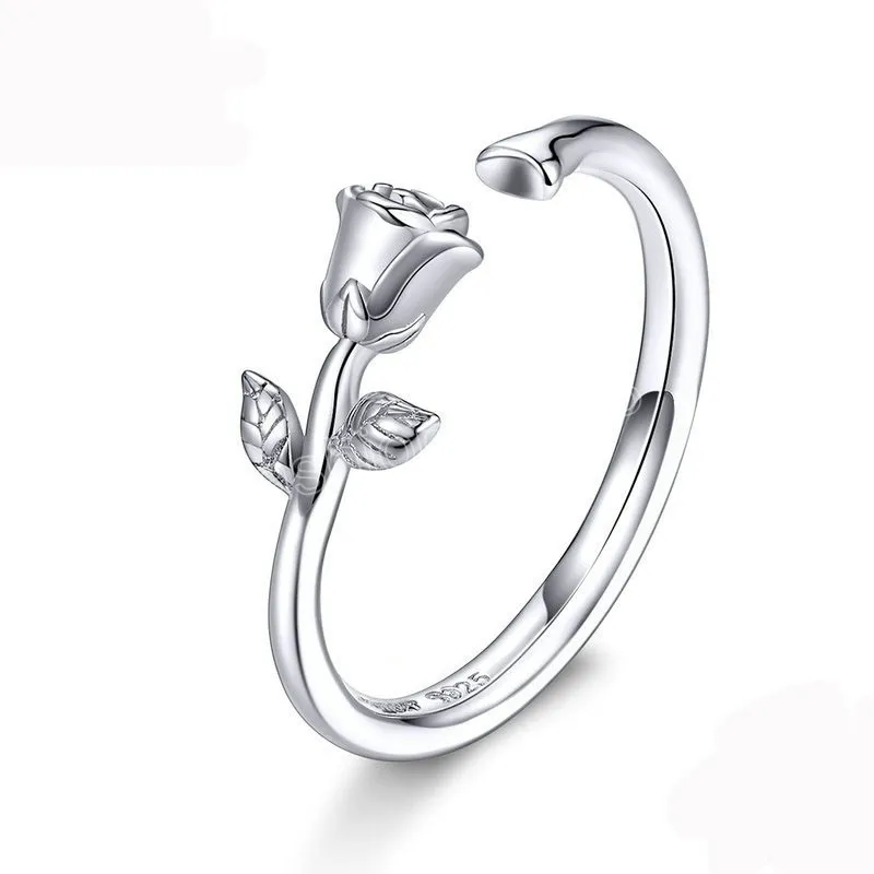 Шипы и роза открытые регулируемые пальцы кольца для женщин 3D -цветочный кольцевой кольцо 925 Серебряные ювелирные украшения корейские
