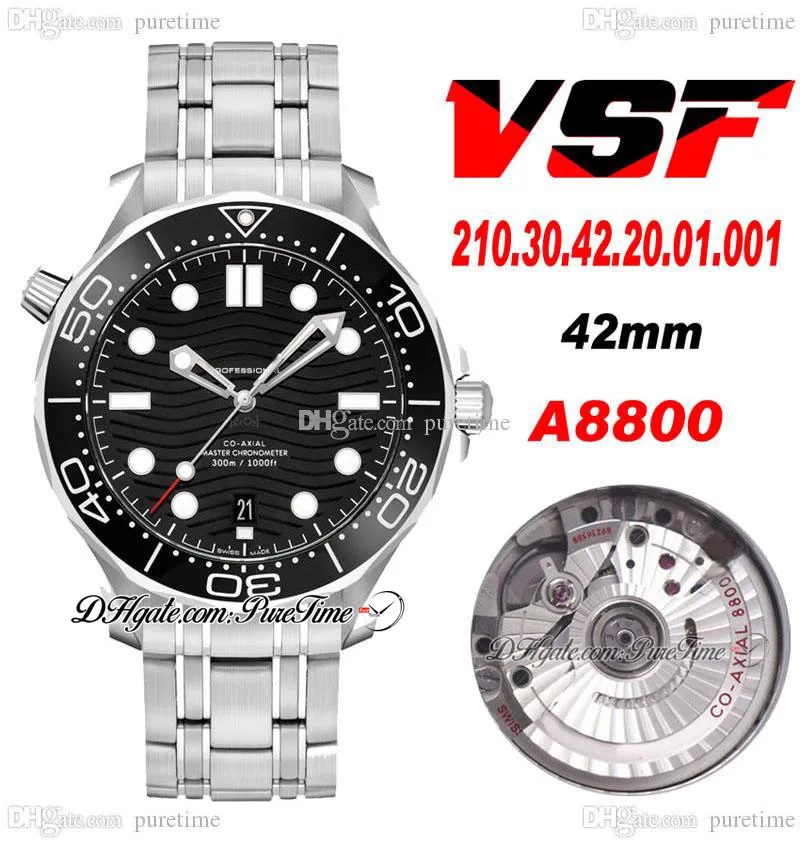 VSF V2 다이버 300M A8800 자동식 남성용 시계 도자기 베젤 블랙 웨이브 텍스처 다이얼 스테인레스 스틸 팔찌 210.30.42.20.01.001 Super Edition Puretime 09a1