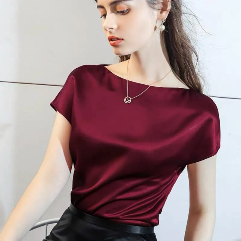 Chemisiers Femme Chemises Mode Été Basique Sauvage Femme Acétate Satin Col Bateau Manches Courtes Tops Mousseline Soie Élégant