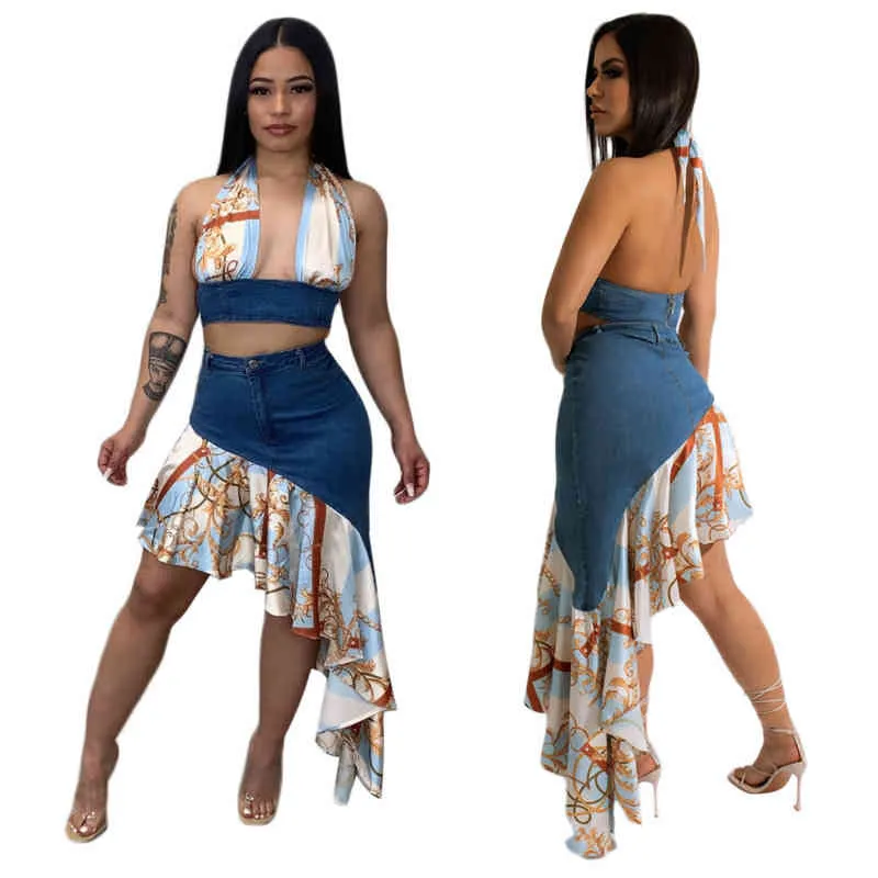 K7107 Damesjurken Designer jurken Hangende nekfolie Patchwork Denim Ruffled Half rokset