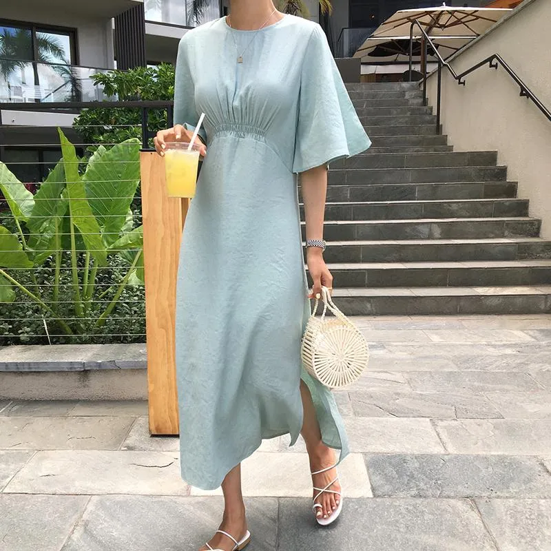 Party Dresses Women Summer Green Long Cotton Dress Elastic Bust Vestidos Elegant Slim Waist Robe Femme Ete Sukienki Sommerkleid Jurk Sundres