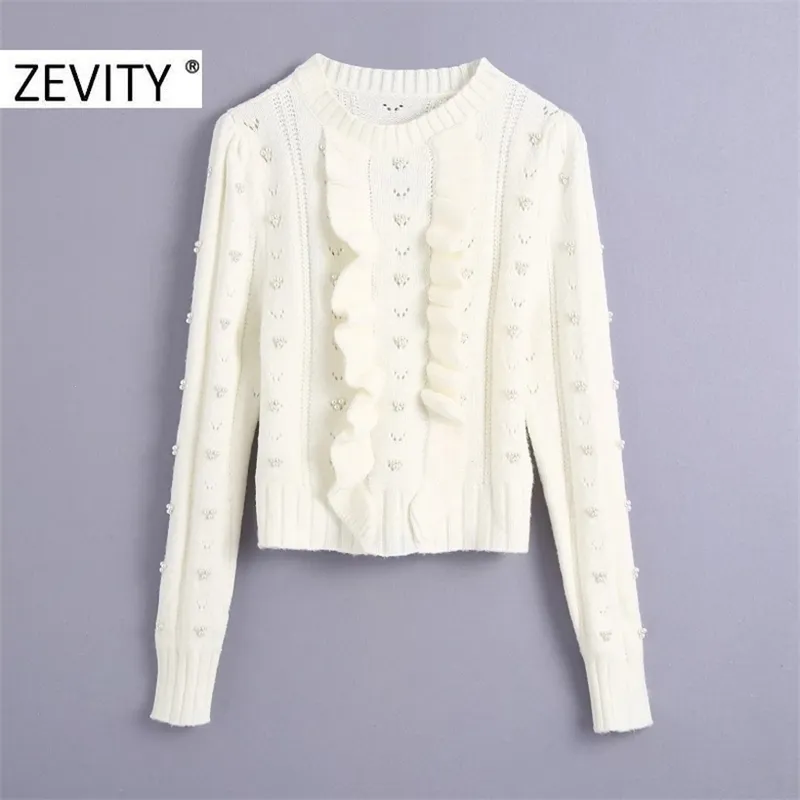 Zevity Women O Neck Agaric Lace Pearl Beading Knitting Sweater Meyal Chic Puff Sleeve Hollow Out Ruffles Pullover Tops S446 201221