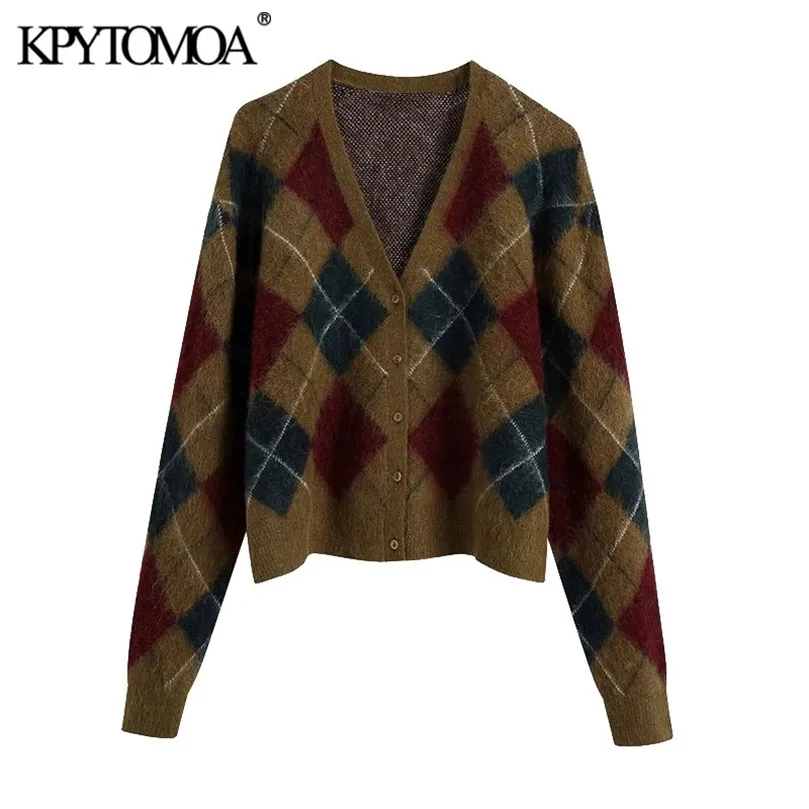 KPYTOMOA Femmes Mode avec garnitures côtelées Argyle Cardigan Pull Vintage Manches longues Bouton-up Femme Vêtements de dessus Chic Tops 201203