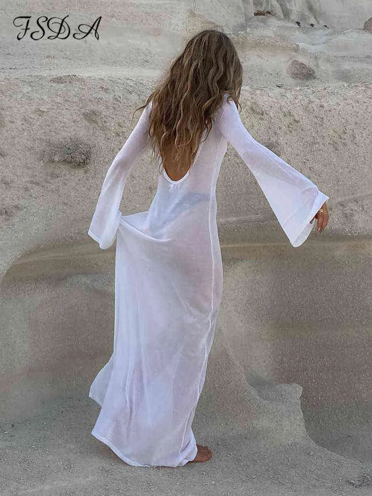 Sultry Maxi Dress: Long Sleeve Backless Mesh See-Through Sexy Party Dress  Bodycon Beach Cover-Up for Summer Nights!