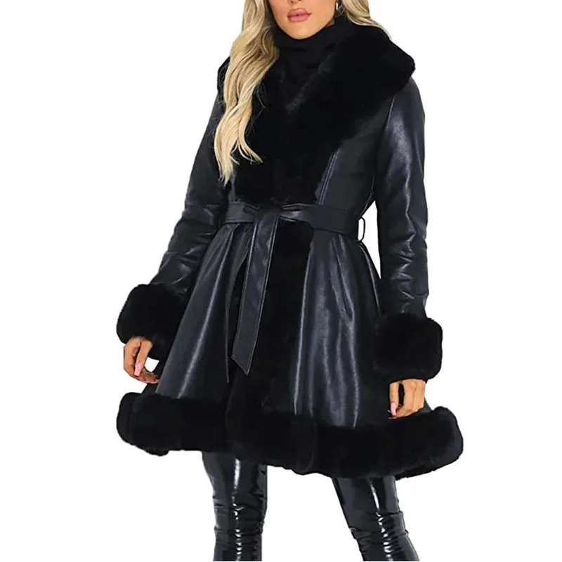 Veste d'hiver femmes grande taille 3XL grand col en fausse fourrure mince longue Parka Mujer Long cuir pardessus décontracté noir manteau 201030
