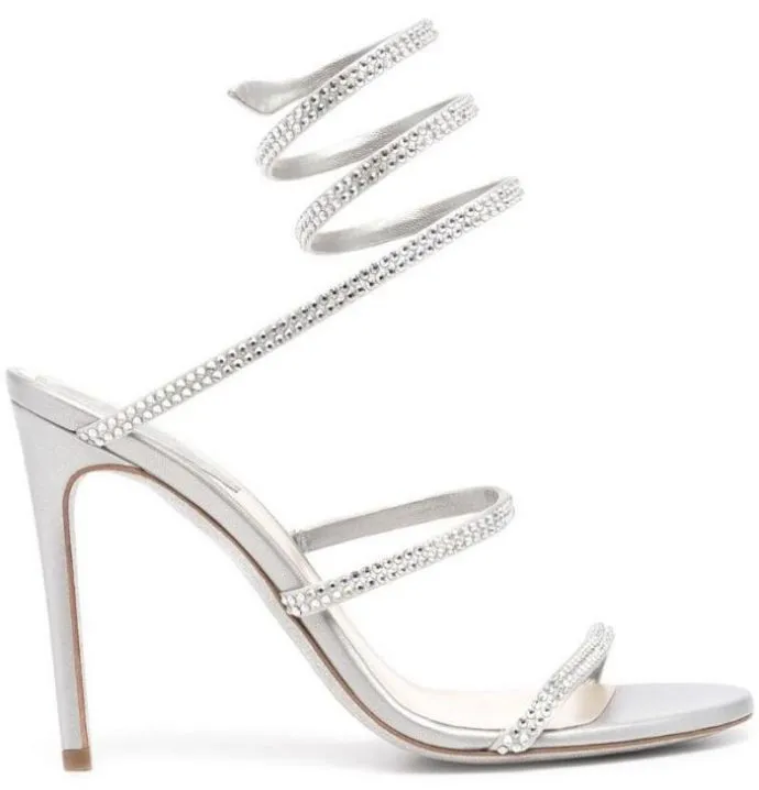 RENE CAVALLA CLEO Sandálias de dedo do pé aberto Cristal embelezado cauda de cobra espiral Twining Rhinestone Sandal Women Top Quality Hot Blue Beige Stiletto Shoesh