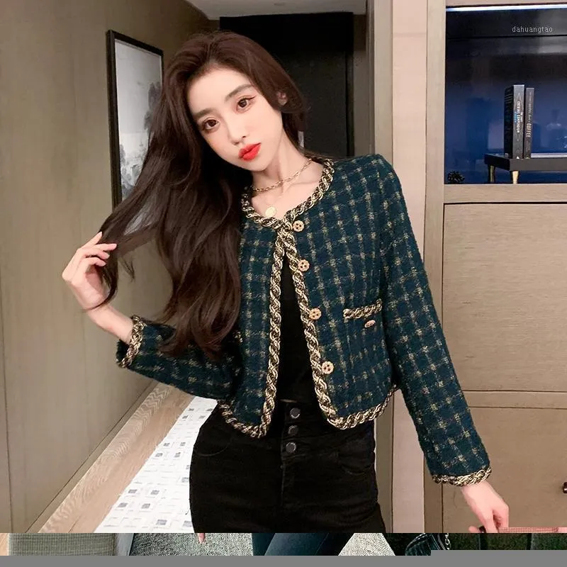 Jaquetas Femininas LLZACOOSH Korea Arrive Temperament Retro Grid Curto Jaqueta de Lã Feminina Outono Primavera Single Breasted Chic Tweed Coat