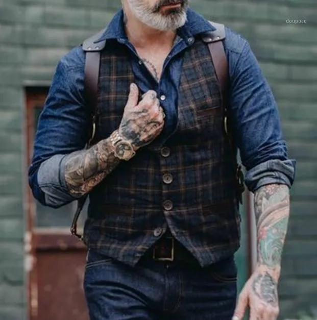 Men's Vests 2022 Tweed Suit Men Vest Plaid Sleeveless Jacket For Waistcoat Vintage With Lapel Gilet Homme Costume