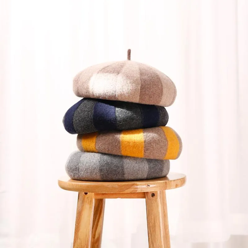 Bérets 100% laine béret tricoté Tweed contraste rayure peintre japonais britannique rétro automne hiver chapeau femmes HatBérets