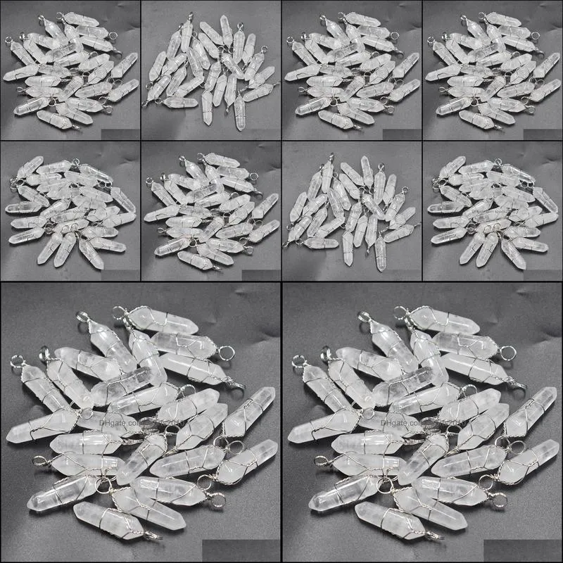 silver wire natural stone white crystal charms hexagonal healing reiki point pendants for jewelry making