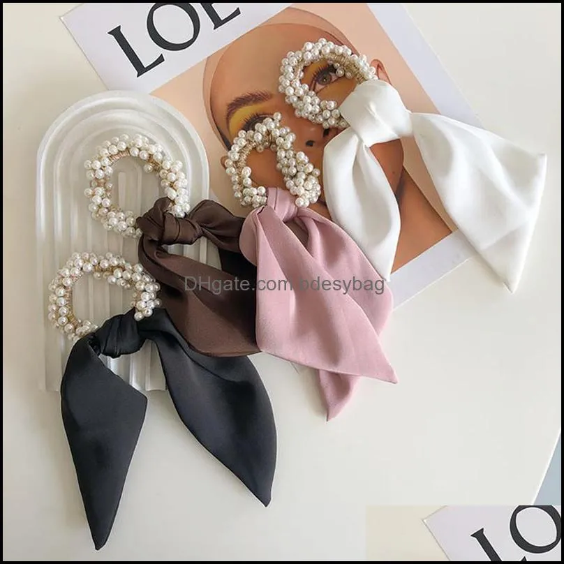 pearl streamer hair rope fashion accessories women solid color high elastic beaded bow hair ring rubber band ribbon tie headwear