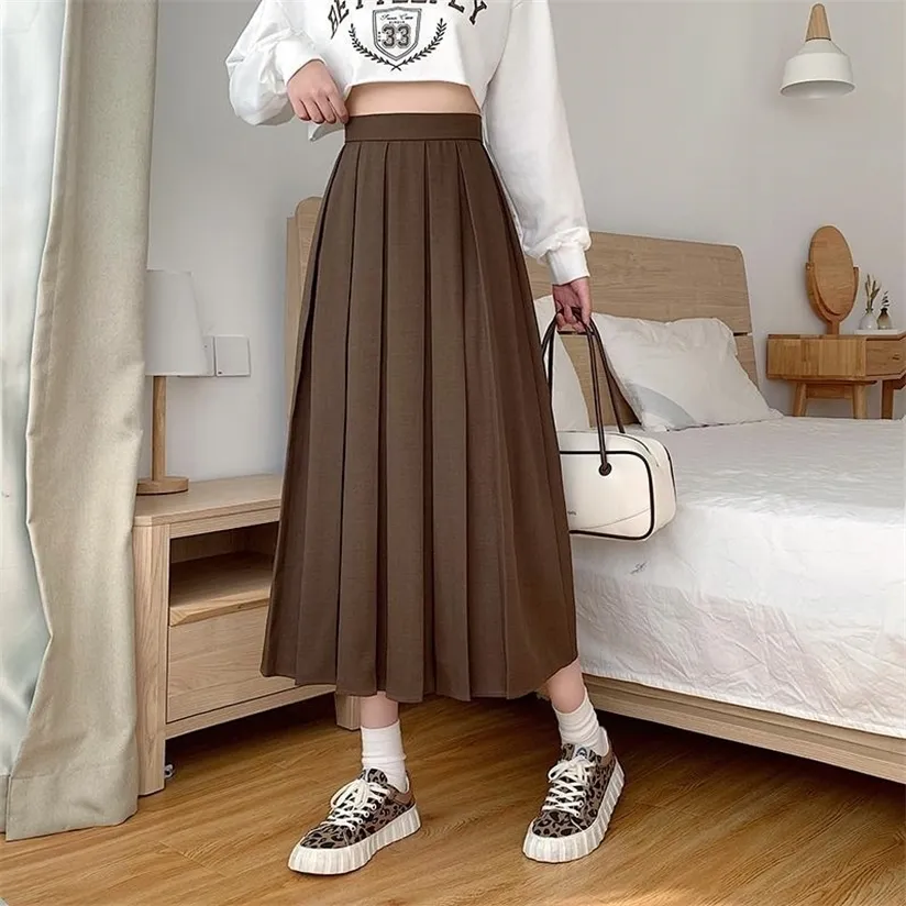 Houzhou Vintage Brown Pleated Long Kjolar Höst Kvinnor Koreansk Fashion Hög Midja Svart Elegant A-Line Midi Kjol för Girls 220322