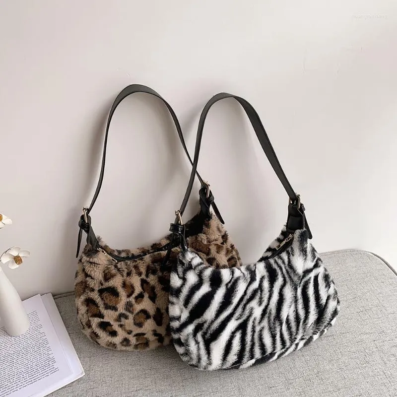 Sacs de soirée mode femmes vache imprimer sous les bras doux en peluche léopard zèbre motif petite épaule femme chaud moelleux fourre-tout sacs soirée