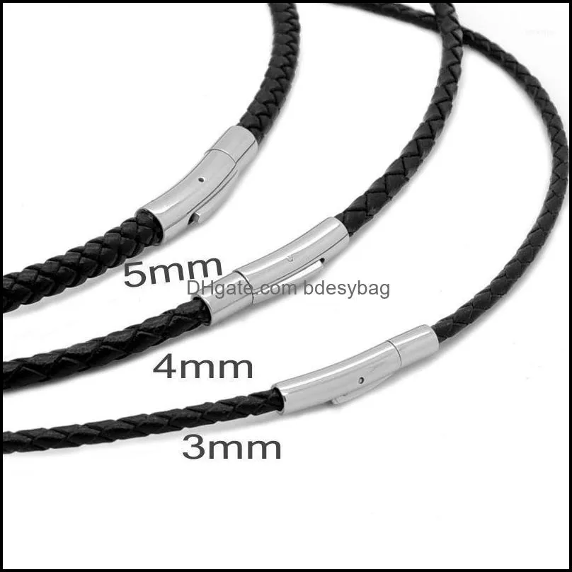 chains 3/4/5mm mens womens black braided genuine leather cord stainless steel secure clasp necklace chain wholesale jewelry1