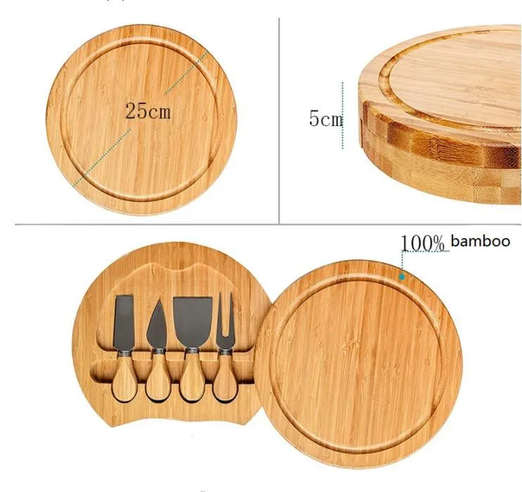 Kitchen Tools Bamboo Cheese Board and Knife Set Round Charcuterie Boards Swivel Meat Platter Holiday Housewarming Gift SN6214