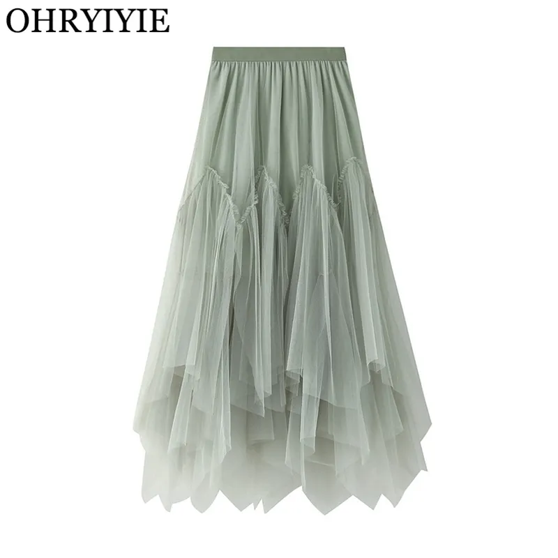 Ohryiyie Kobiety Nieregularne długie tiulowe spódnice panie wysoka talia AnkleLength Tutu Maxi spódnice Beige Green Faldas Jupe Femme 210311