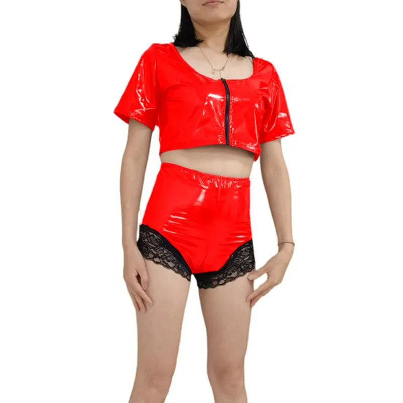 Tute da donna Set sexy in PVC da donna Mutandine erotiche nere a vita alta Intimo effetto bagnato con top corto Fetish Sissy OutfitDonna