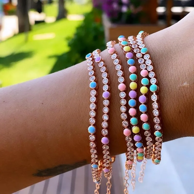 Charm Bracelets Rose Gold Color 5A CZ Pastel Enamel Round Beaded Link Tennis Chain Colorful Fashion Girl Women BraceletCharm