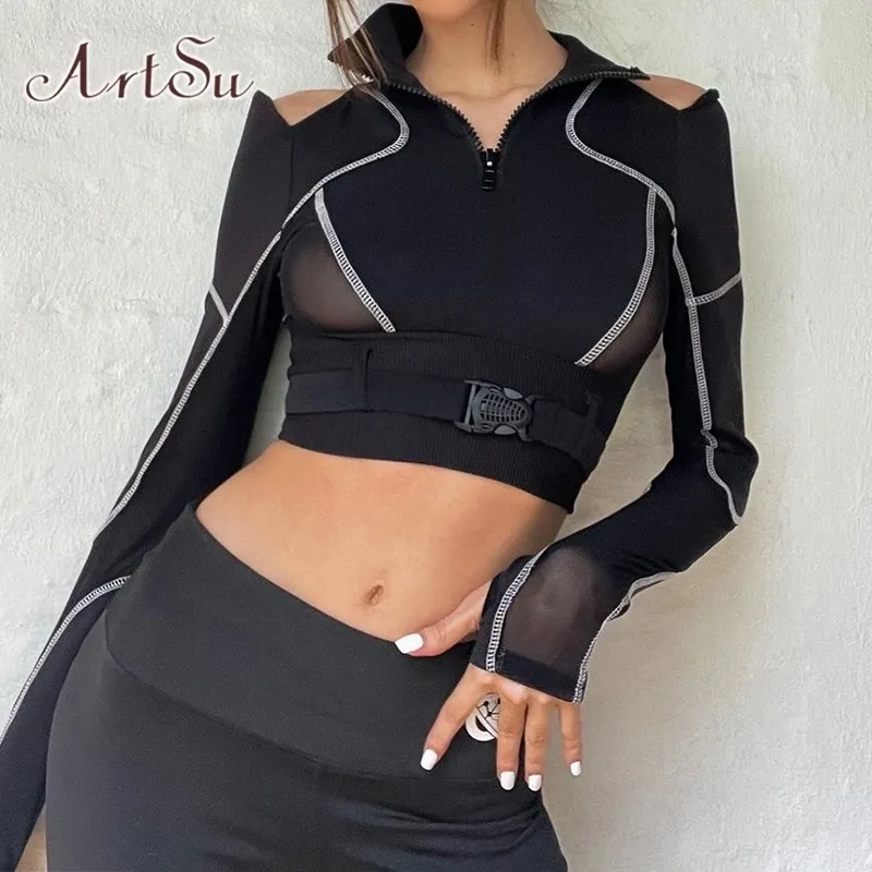 Women's TShirt ArtSu Black Crop Top Buckle Bandage Patchwork Mesh Sexy Tshirt Y2K Streetwear Cut Out Long Sleeve Pullover Tshirts Tees 230206