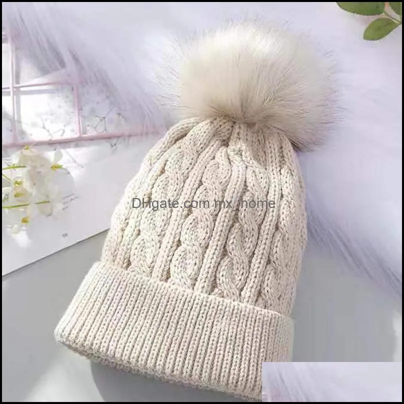 Cute Multicolor Winter Unisex Kid Knit Beanie Hat Children Fur Pompoms Hats Girls Boys Warm Ski Cap Soft Comfortable Outdoor HY0053