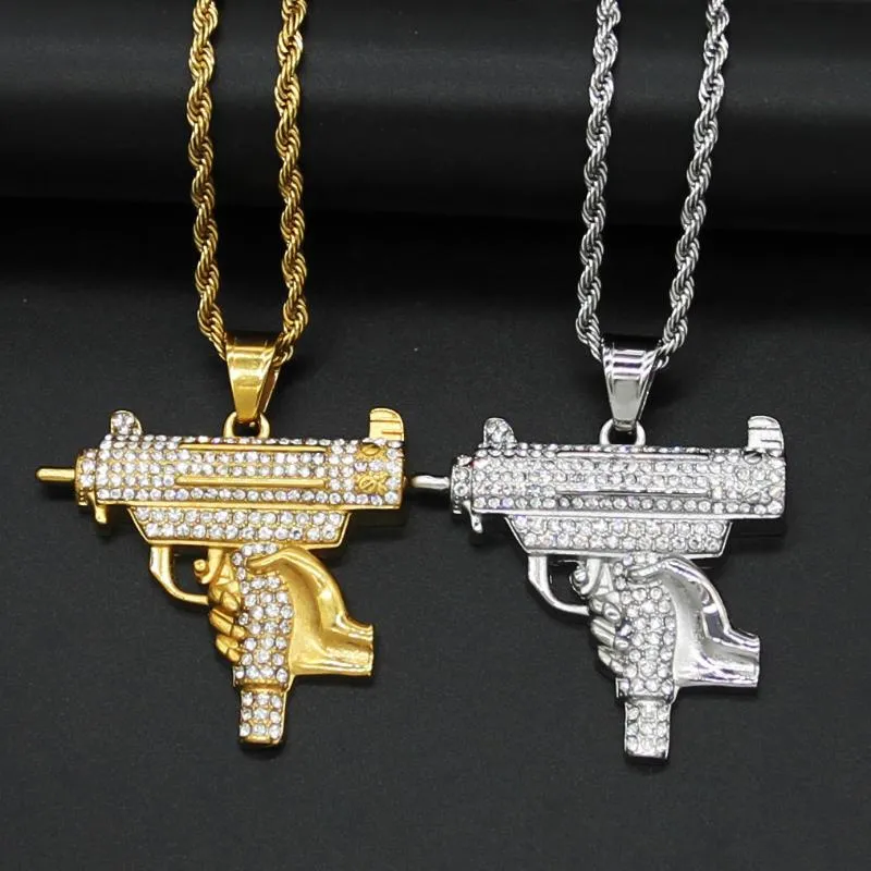 Pendant Necklaces Cool Hip Hop UZI GUN Shape Necklace Male Gold Silver Color Iced Out Chains For Men Bling Jewelry Army StylePendant