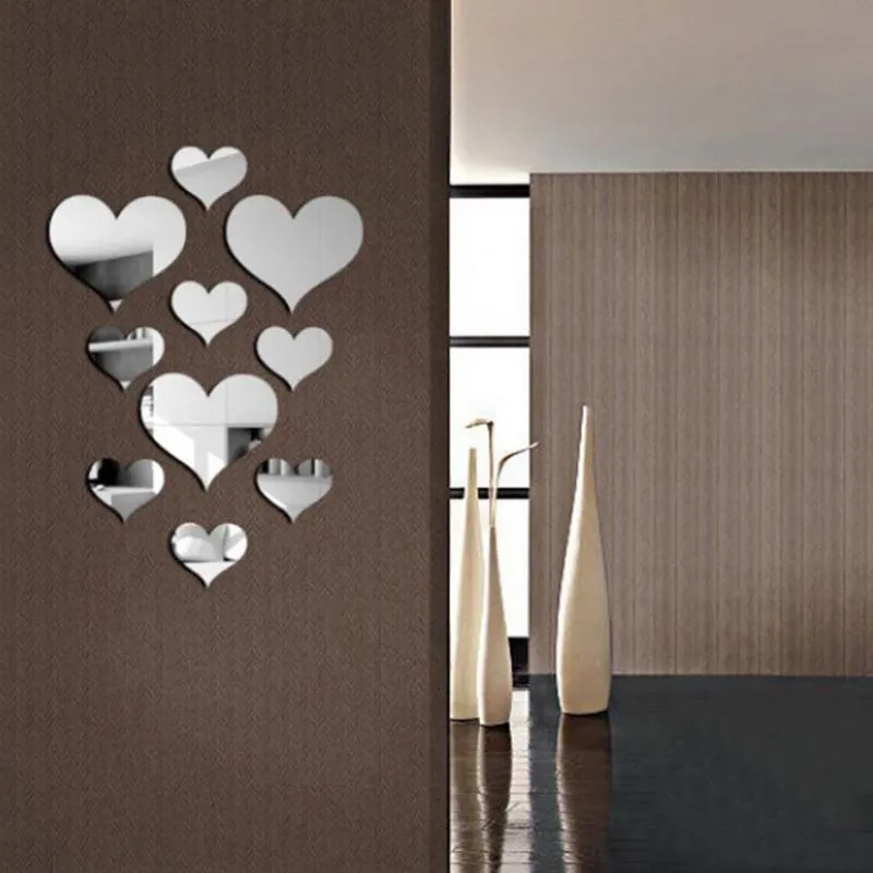 Spiegel 10 Teile/satz Langlebige Liebe Herz Aufkleber Wand Aufkleber Spiegel Wandbild 3D Aufkleber Einfache DIY Dekorative Abnehmbare Paster Hause DekorationMirro