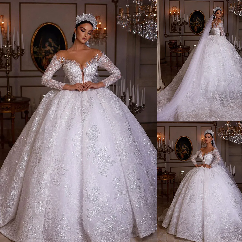 Abito da ballo lucido Abiti da sposa Spalle scoperte Profondo scollo a V Maniche lunghe Perle Perline Paillettes Appliques Pizzo Ruffles Lunghezza pavimento Abiti da sposa Plus Size robes de soiree