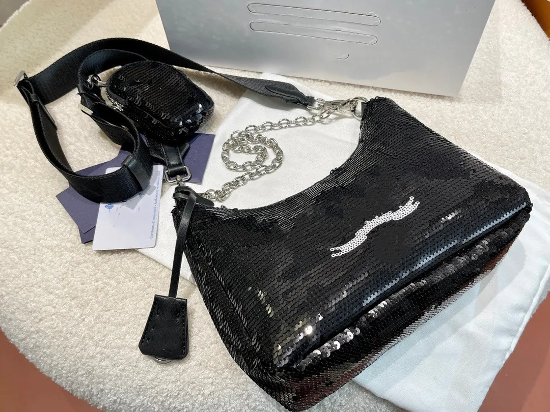 Kadın Sequins hobo omuz çantaları 2 içinde 1 naylon inci aksiller çanta bel çantası lüks tasarımcı çantası parıltılı el çantaları cüzdan kemeri messenger crossbody tote
