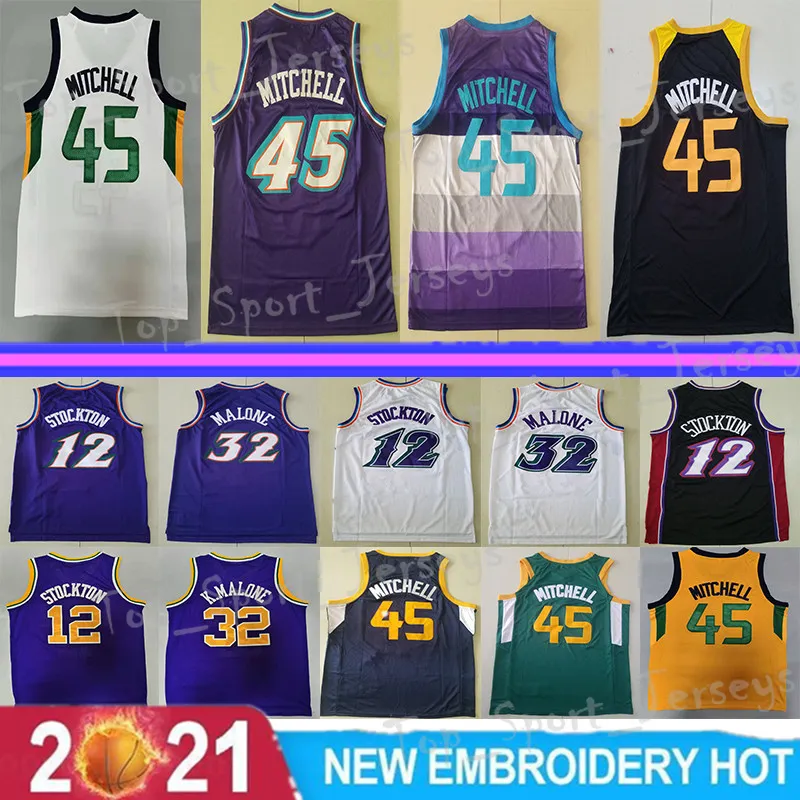 Maglia da basket da uomo John Stockton 12 Donovan Mitchell 45 Karl Malone 32 Maglia da basket vintage traspirante All Stitched