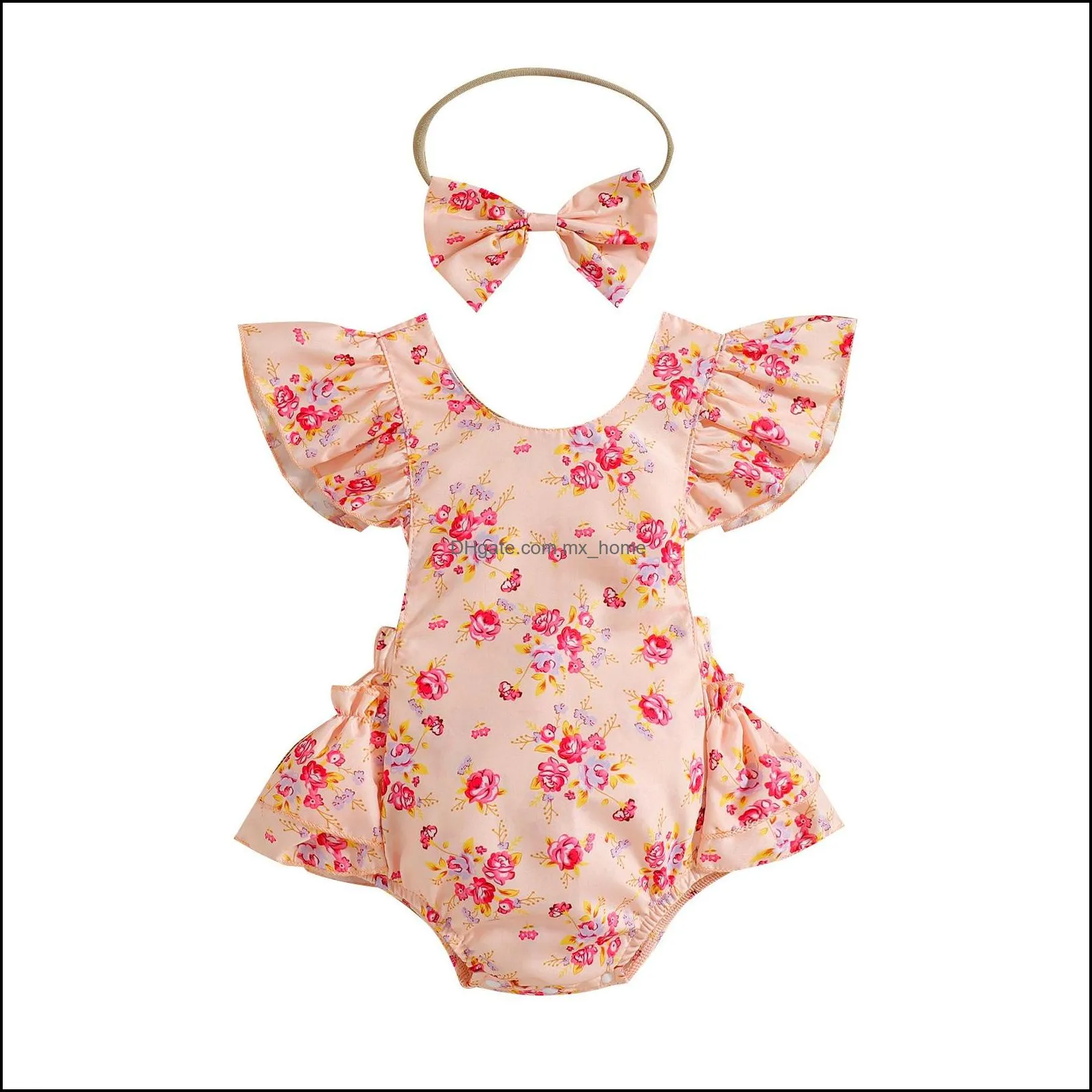 kids rompers girls floral print flying sleeve romper infant toddler flower jumpsuits with bow headband summer fashion boutique baby climbing clothes