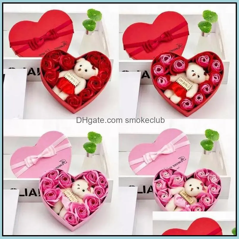 Fedex 10 Flowers Soap Flower Gift Rose Box Bears Bouquet for 2022 Valentines Day Wedding Decoration Gift Festival Heart-shaped Box