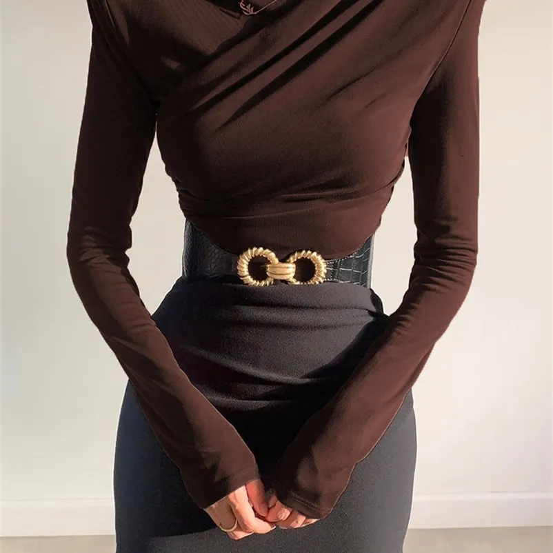 FSDA O Neck Brown Long Sleeve Crop Top Women Basic Casual Autumn Winter Sexig T Shirts Black Ruched Streetwear Fashion 220525