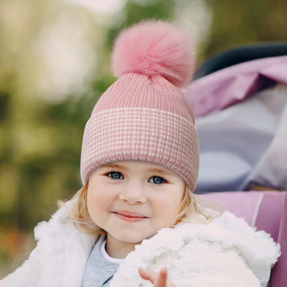 M486 Autumn Winter spädbarn baby stickade hattar ullboll barn kepsar barn som stickar varm mössa rand mjuk hatt