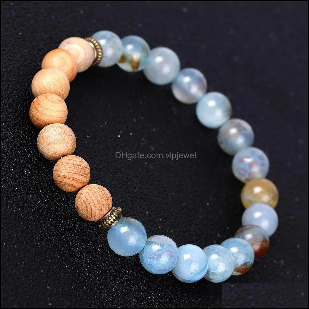 natural agate stone bracelet 8mm yoga wood beads bangle gemstone beaded stretch bracelets for women men charm jewelry w34f