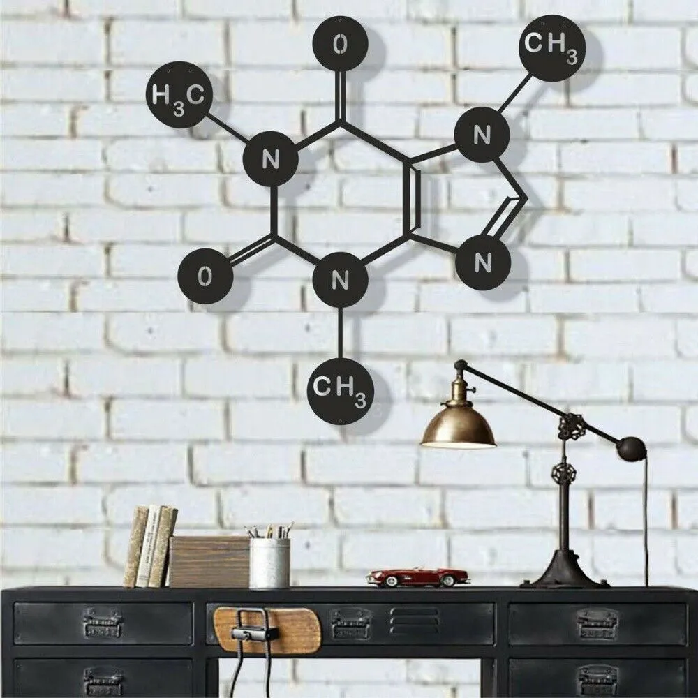 Decorazione da parete in metallo, molecola di caffeina, arte da parete in metallo, biologia chimica arte