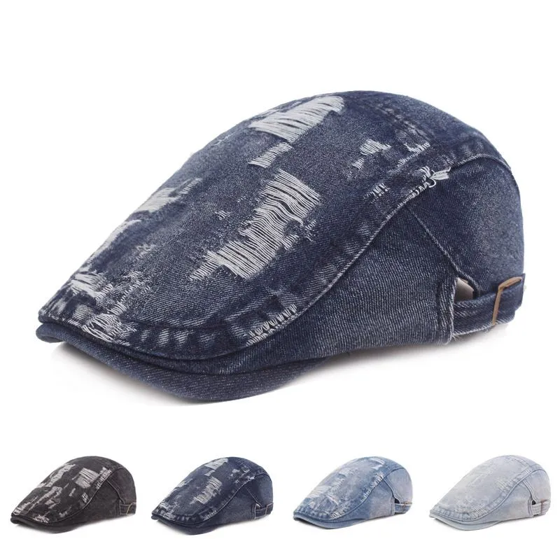 Модная дыра ковбойские шляпы для мужчин ретро джинсовая шляпа газетчик унисекс повседневная хлопковая кепка хип -хоп плоская крышка