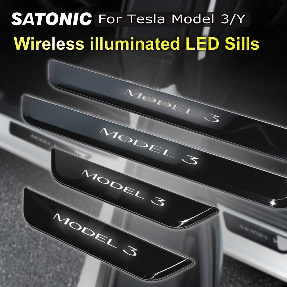 Сатонический беспроводной светодиодный светодиодный освещенные дверные пороки дверной пороги для Tesla Model 3 Y Edge Protectors Model 3 Аксфир
