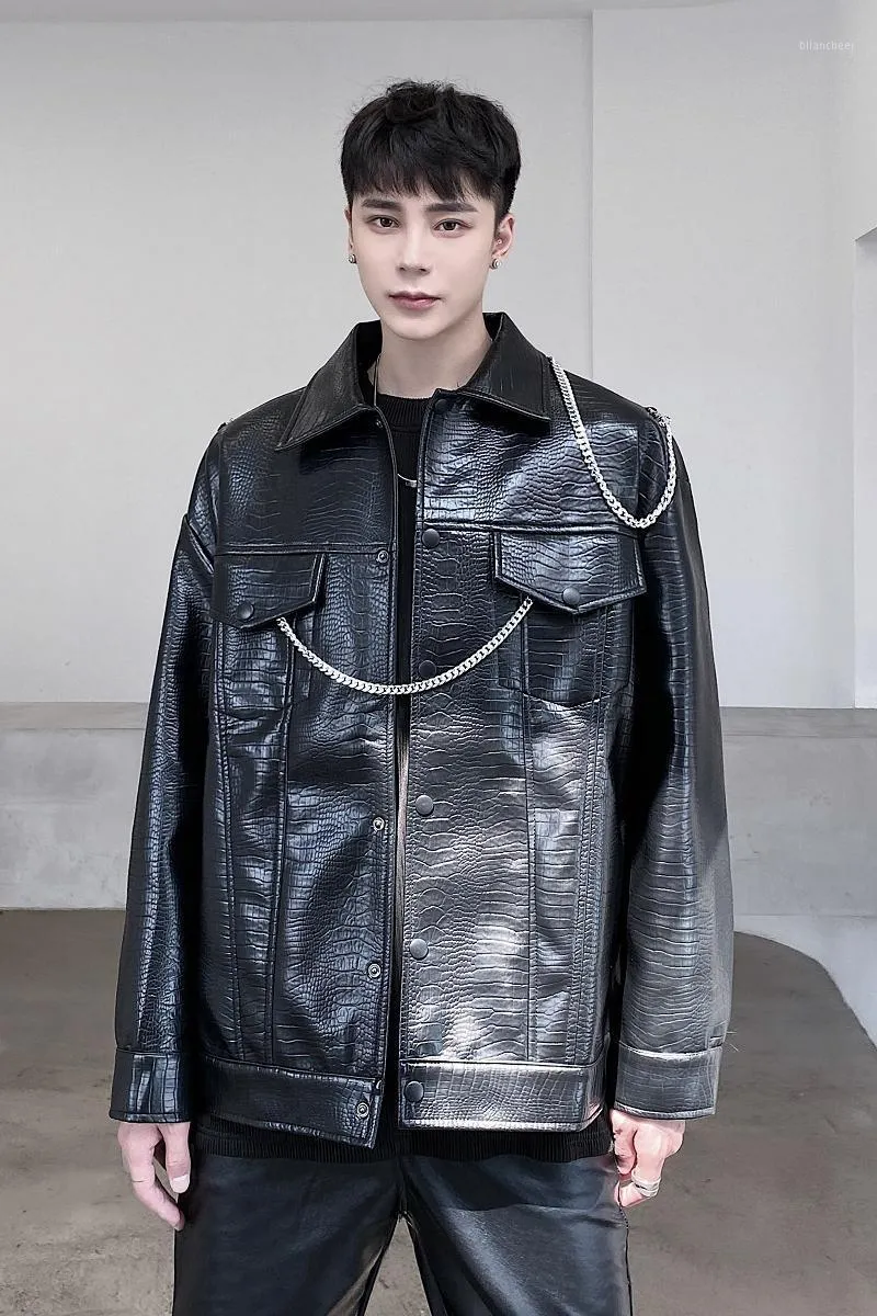 Men's Fur & Faux Male Vintage Fashion Streetwear Hip Hop Punk Casual Leather Coat Overcoat Men Metal Chain Crocodile Pattern PU Jacket