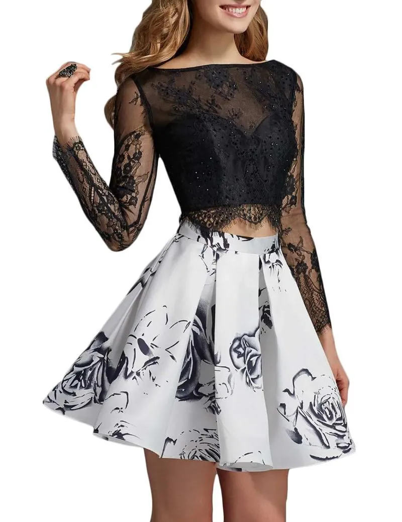 Robes de soirée noir deux pièces imprimé floral satin retour pour les femmes avec des perles dentelle chérie graduation robe de bal fête