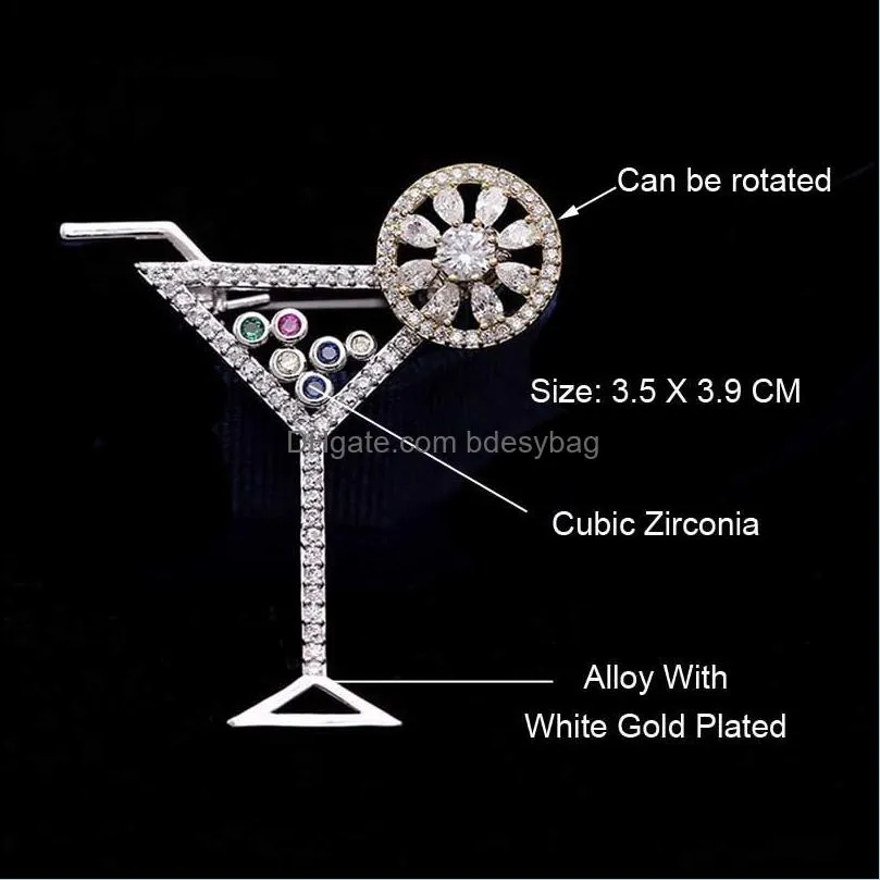 red trees brand design cocktail glass shape coat brooch for men and women with crystal & cubic zirconia in box package