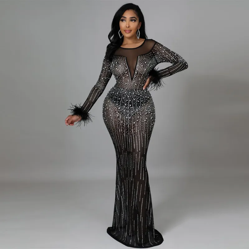 year Beautiful Luxury Feathers Crystal Mesh Black Party Dress Elegant Sexy Evening Long Sleeve Maxi Dresses CX220331