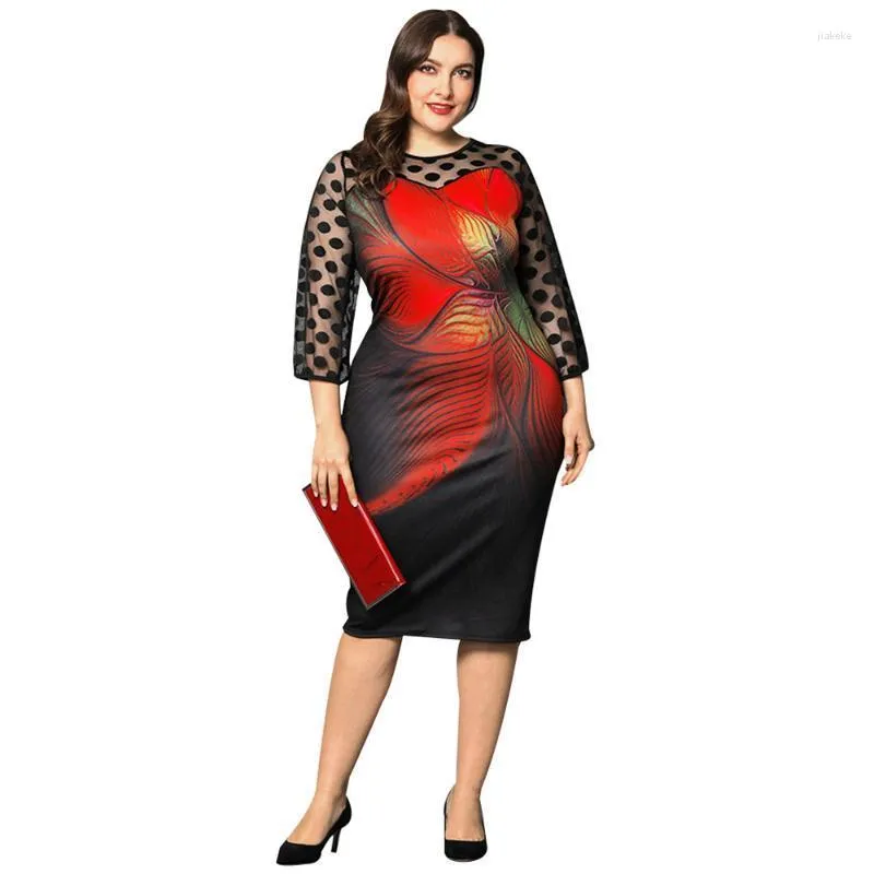 Casual Dresses Elegant Dress Women Floral Print Mesh Patchwork 3/4 Sleeve Bodycon Streetwear For Party Plus Size Evening Outfit D30
