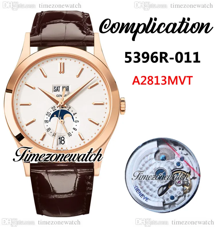 Nowy Grand Complication Faza księżyca 5396R-011 A2813 Automatyczne męskie zegarek 5396 Biały tarcze marker Rose Gold Case Browna skórzane zegarki Data TimeZoneWatch