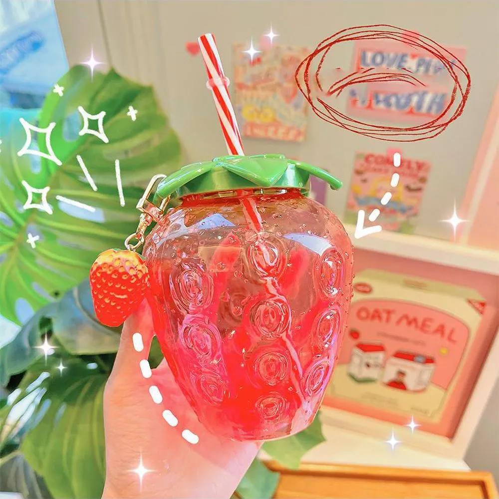 Ins style net red strawberry straw Tumblers plastic cup cute female hand-held milk tea student portable watercup water bottle