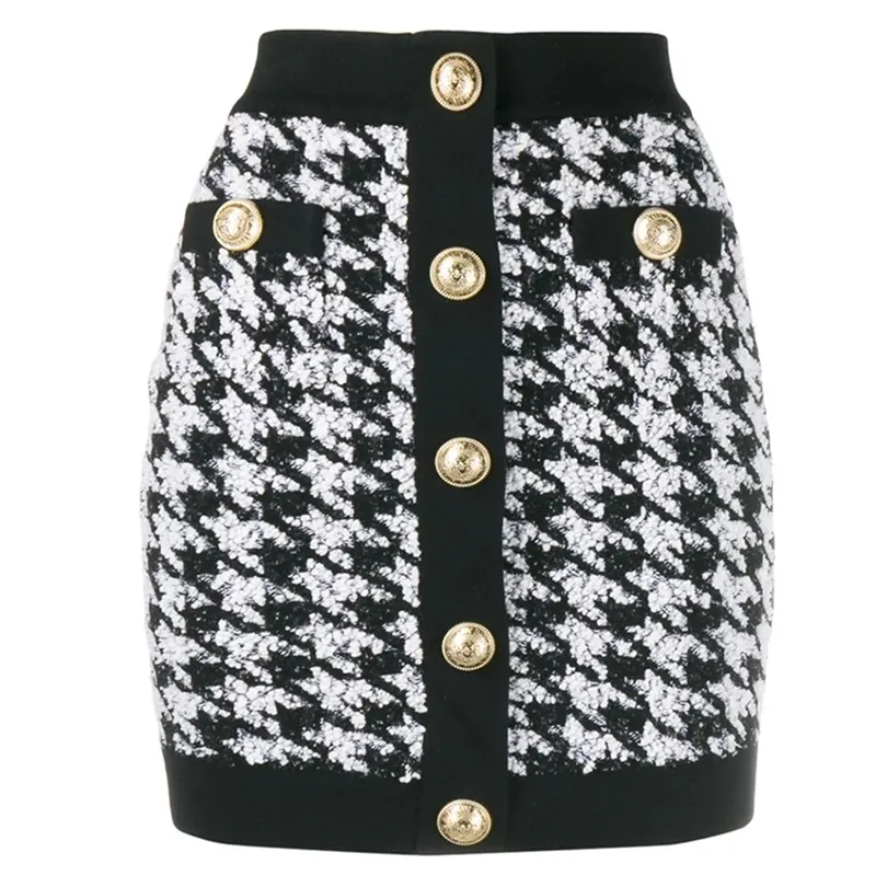 HIGH QUALITY Newest Designer Skirt Women's Lion Buttons Shimmer Tweed Houndstooth Mini Skirt 201110