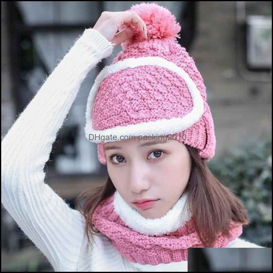 wholesale women winter warmer three-piece set hat mask and scarf set winter knitted plus velvet warm mask hat and scarf set dh0506 t03